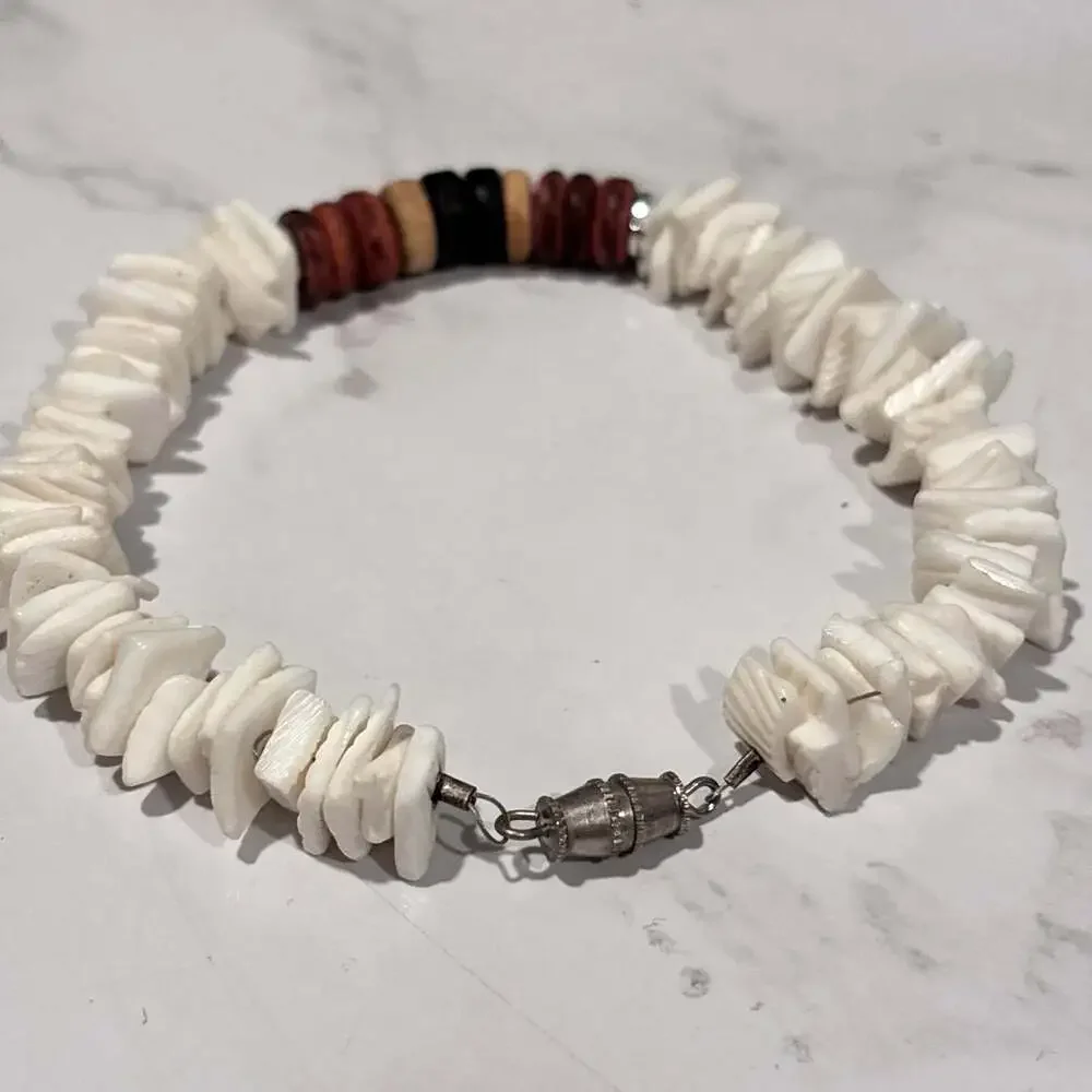 Handmade White Puka Shell Chip and Wood Bead Surfer Bracelet